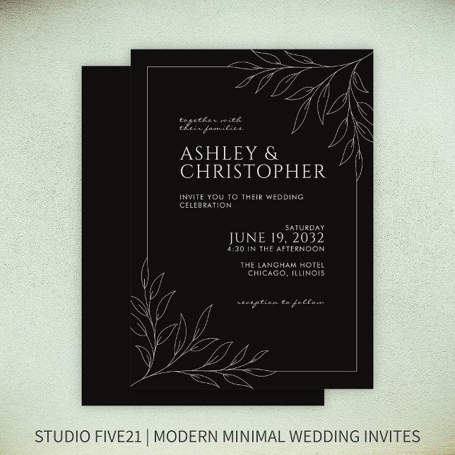 Invitación Boda de contorno del follaje negro moderno Smokey (Subido por el creador)