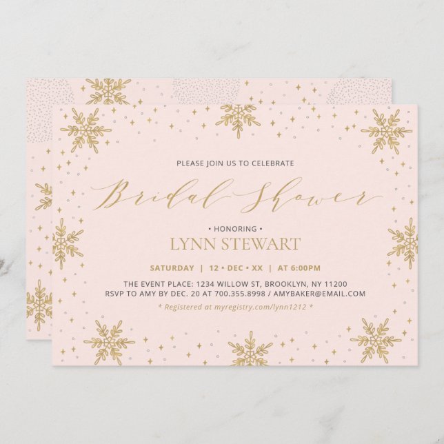 Invitación Boda de copas de nieve dorada y rosa  de invierno  (Anverso / Reverso)