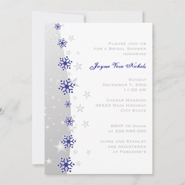 Invitación Boda de copo de nieve azul, gris plateado, ducha d (Anverso)