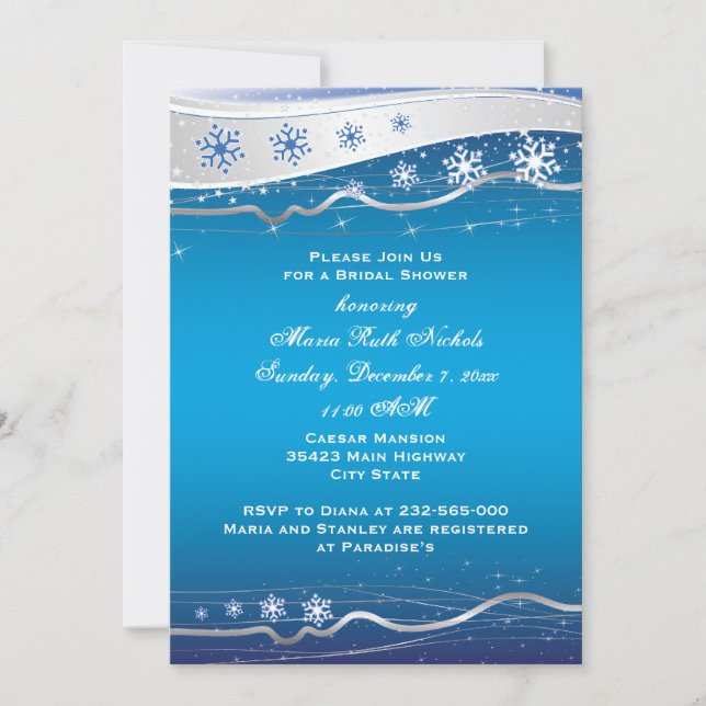 Invitación Boda de copo de nieve azul, gris plateado, ducha d (Anverso)