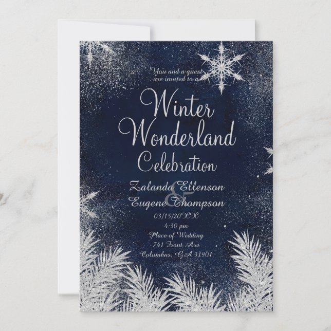 Invitación Boda de copo de nieve azul plateado (Anverso)