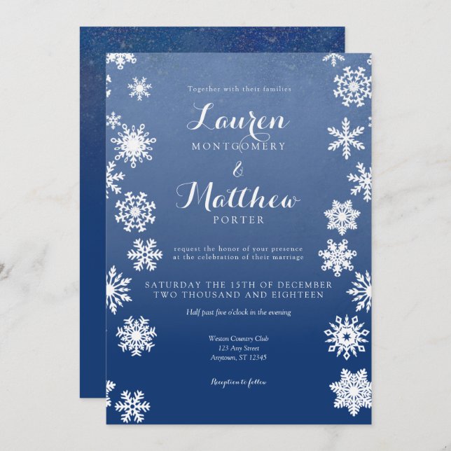 Invitación Boda de copo de nieve de invierno blanco y azul ma (Anverso / Reverso)