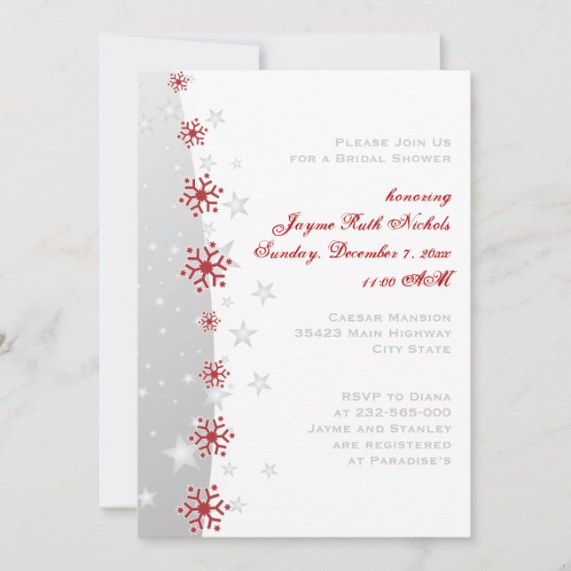 Invitación Boda de copo de nieve gris plateado rojo ducha de  (Anverso)