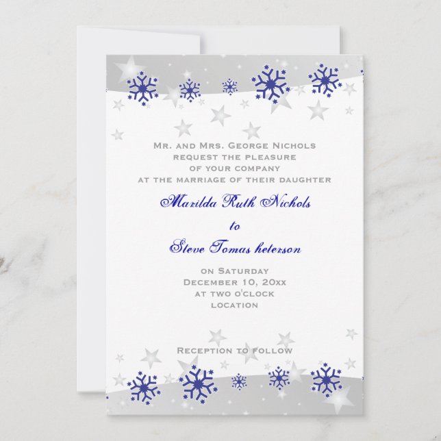 Invitación Boda de copos de nieve azul, gris plateado (Anverso)
