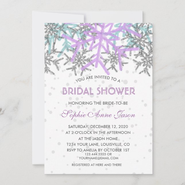Invitación Boda de copos de nieve azul morado de plata de inv (Anverso)