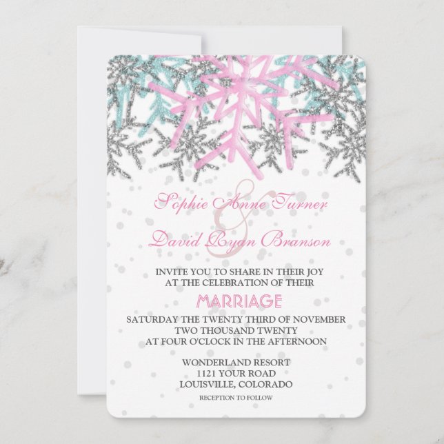 Invitación Boda de copos de nieve azul rosado plateado de inv (Anverso)