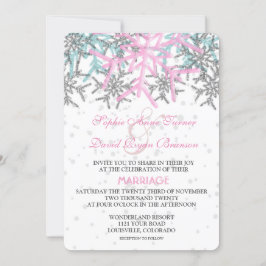 Invitación Boda de copos de nieve azul rosado plateado de inv