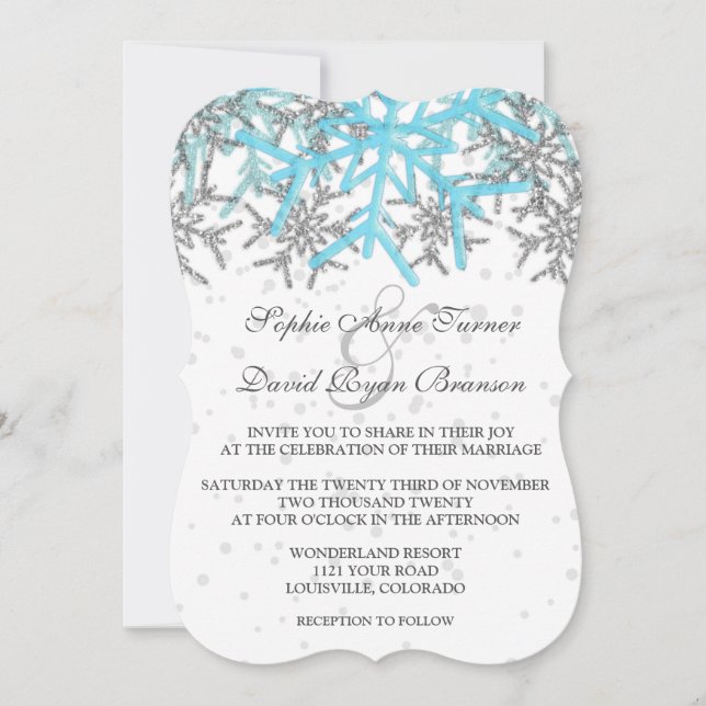 Invitación Boda de copos de nieve azul Silver invernal (Anverso)