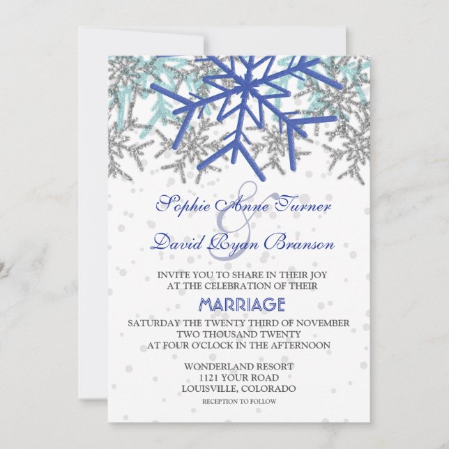 Invitación Boda de copos de nieve azules de la marina de invi (Anverso)