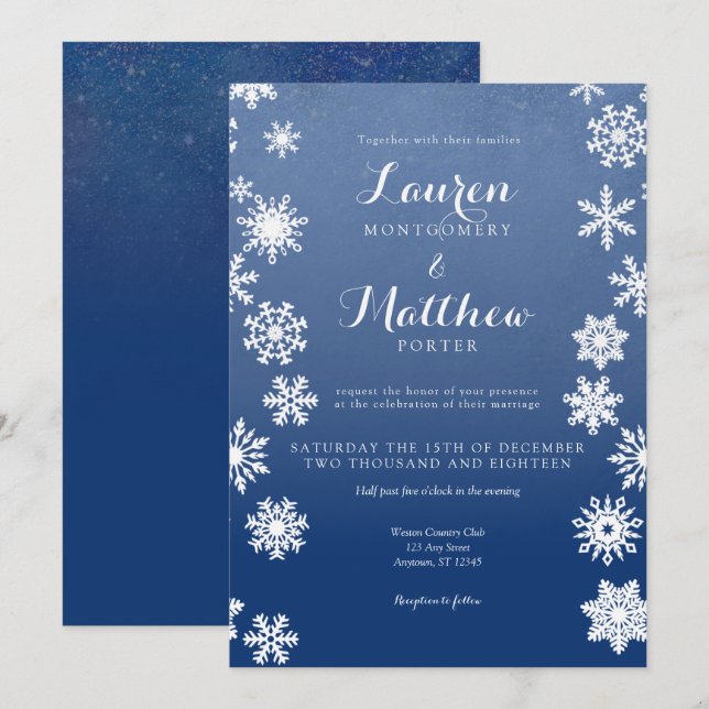 Invitación Boda de copos de nieve blanco y naval (Anverso / Reverso)