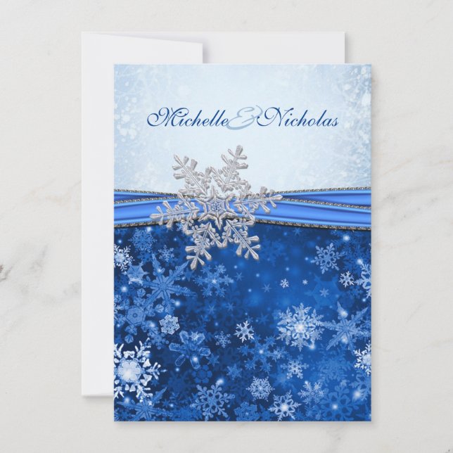 Invitación Boda de copos de nieve blancos, plateados y azules (Anverso)