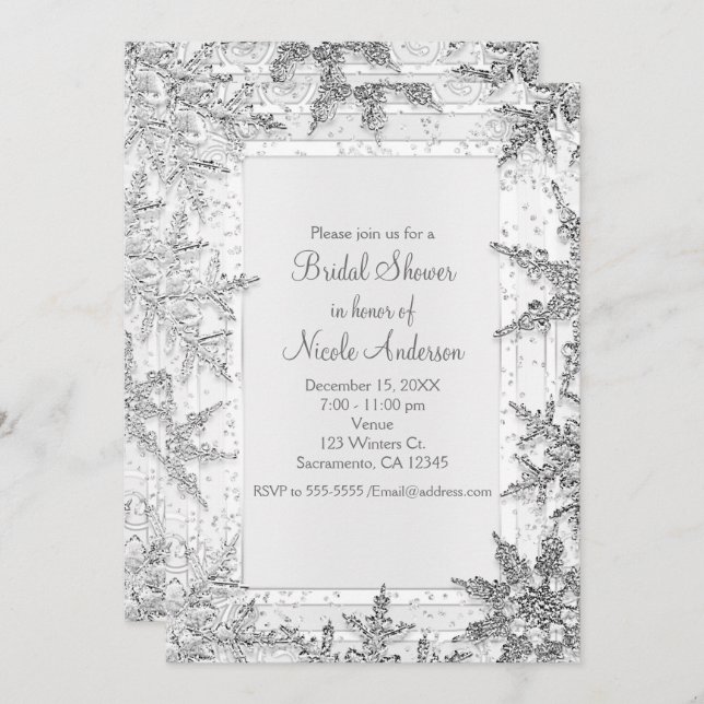 Invitación Boda de copos de nieve de invierno blancos y plate (Anverso / Reverso)