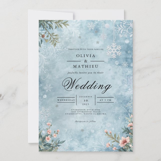 Invitación Boda de copos de nieve de invierno con escarcha (Anverso)