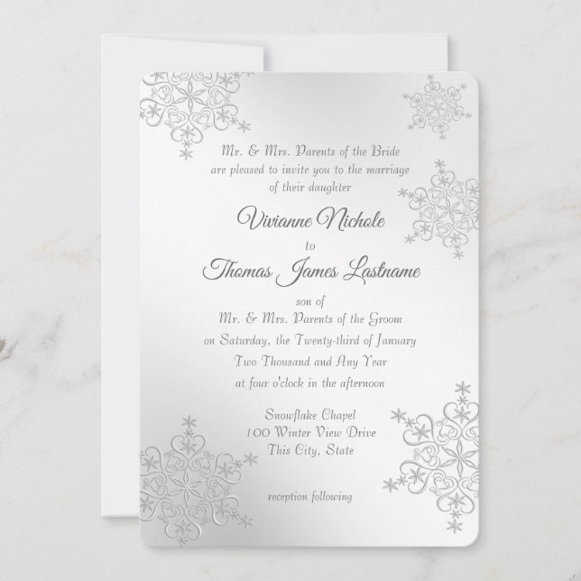 Invitación Boda de copos de nieve de plata (Anverso)