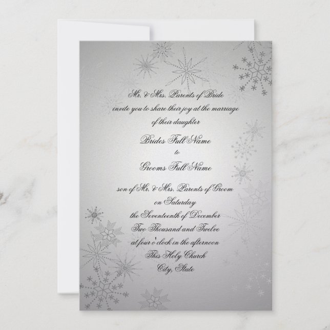 Invitación Boda de copos de nieve de plata (Anverso)