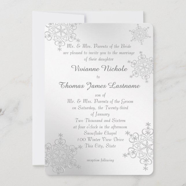 Invitación Boda de copos de nieve de plata (Anverso)