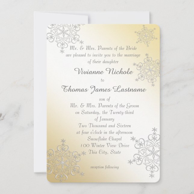 Invitación Boda de copos de nieve de plata y oro (Anverso)