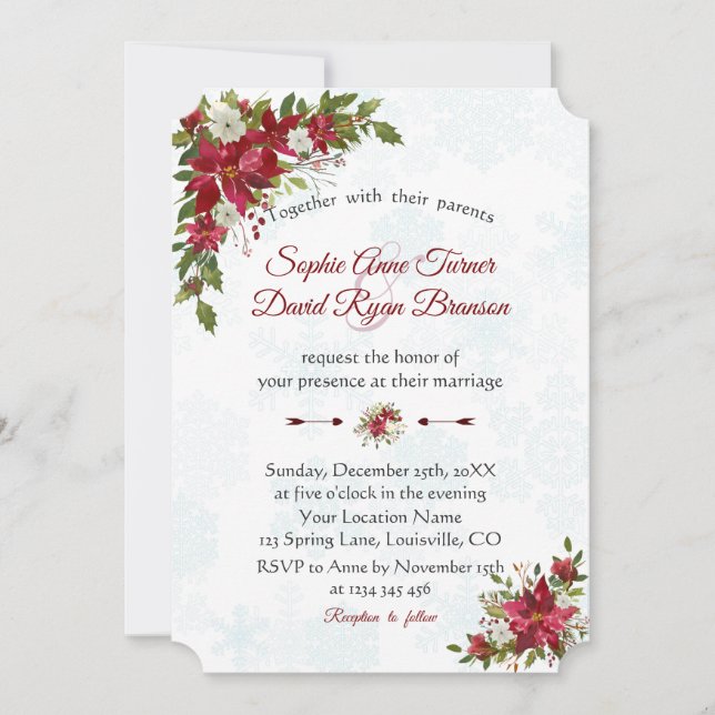 Invitación Boda de copos de nieve de poinsettia blanca roja d (Anverso)