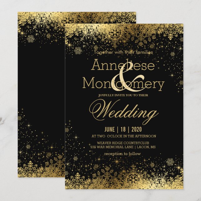 Invitación Boda de copos de nieve negros y dorados (Anverso / Reverso)