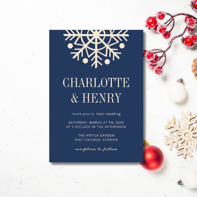 Invitación Boda de copos de nieve simples de champán y azul m (Subido por el creador)