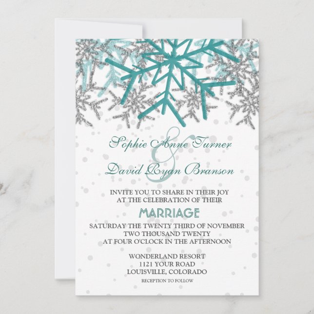 Invitación Boda de copos de nieve turquesa de invierno (Anverso)
