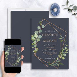 Invitación Boda de Copper Geométrica Eucalipto Azul Elegante