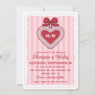 Invitación Boda de Coqueta Rojo Rosa Volantes Corazones Rayas