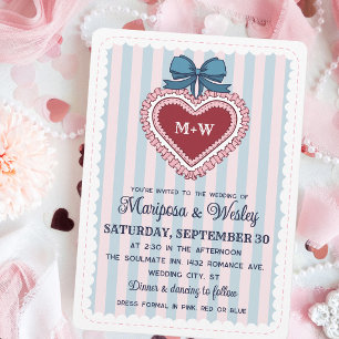 Invitación Boda de Coquette Azul Rosa Volantes Corazón Rayas