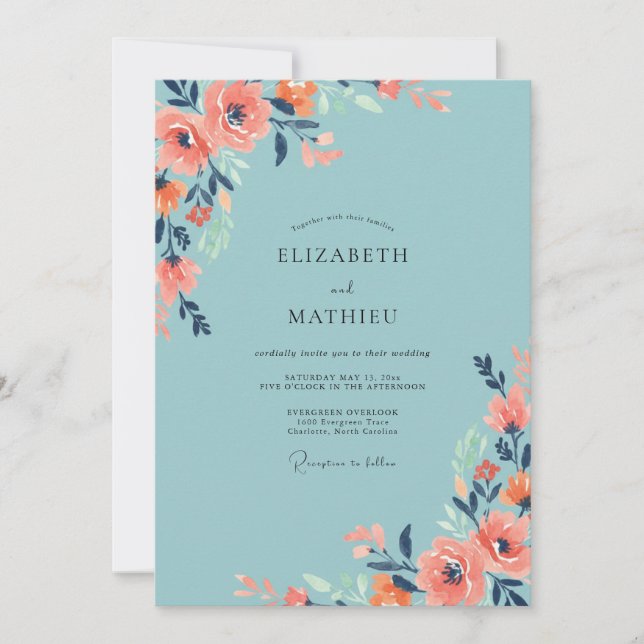 Invitación Boda de Coral Acuático Muted Flor (Anverso)