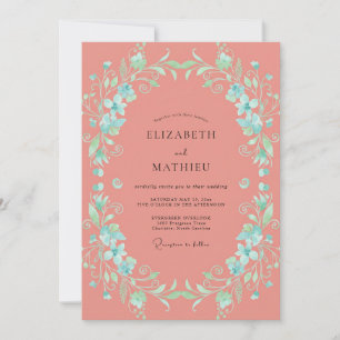 Invitación Boda de Coral Acuático Muted y Vid