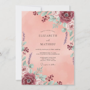 Invitación Boda de Coral Aqua Ranunculus Eucalyptus