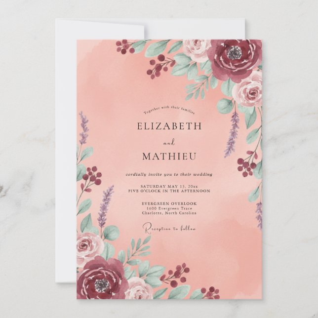 Invitación Boda de Coral Aqua Ranunculus Eucalyptus (Anverso)