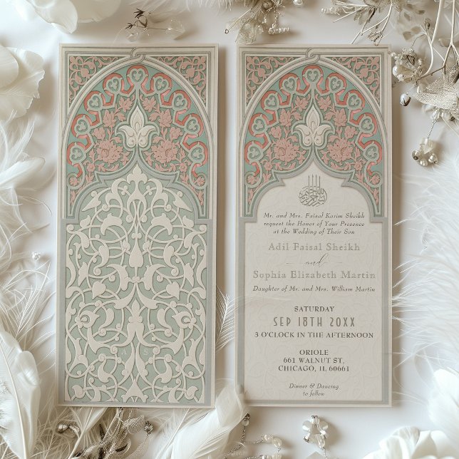 Invitación Boda de coral artesano y encaje islámico sabio (Subido por el creador)