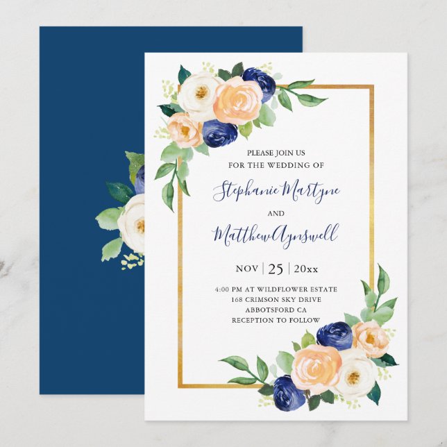 Invitación Boda de coral azul floral moderno (Anverso / Reverso)
