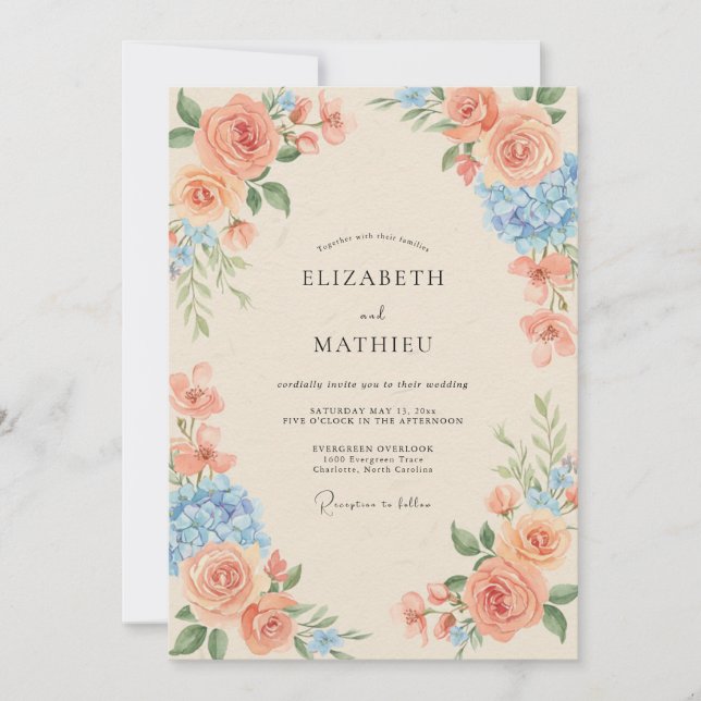 Invitación Boda de Coral Azure Hortensia Eucalipto (Anverso)