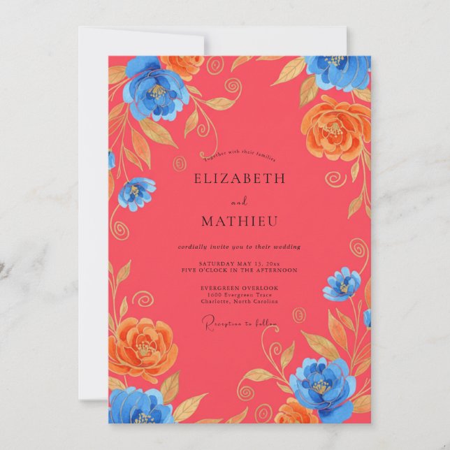 Invitación Boda de Coral Azure Peonía Silenciada (Anverso)