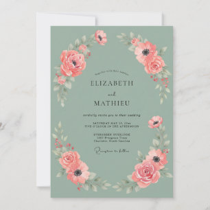 Invitación Boda de Coral Cálido Peonía Menta
