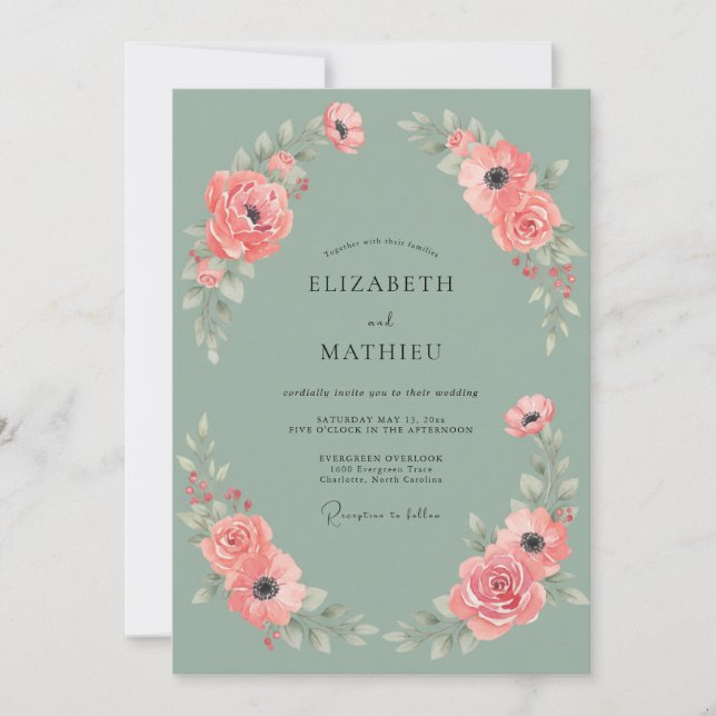 Invitación Boda de Coral Cálido Peonía Menta (Anverso)