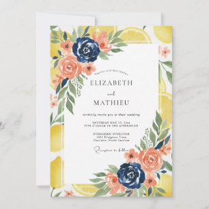 Invitación Boda de coral cítrico eucalipto naval