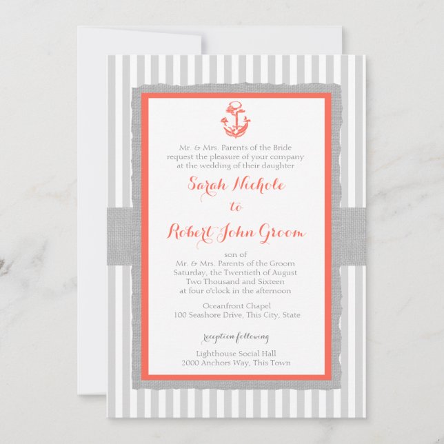 Invitación Boda de coral de franjas grises de anclaje (Anverso)