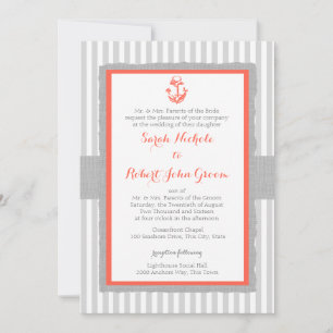Invitación Boda de coral de franjas grises de anclaje