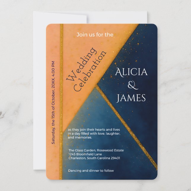 Invitación Boda de coral de la Marina Geométrica moderna (Anverso)