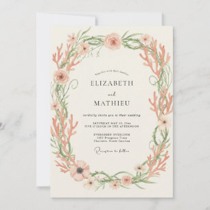 Invitación Boda de Coral de Mar Melocotón y Eucalipto