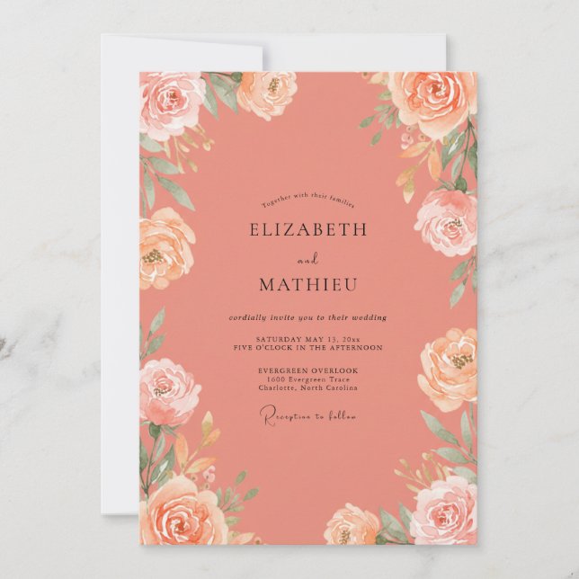 Invitación Boda de Coral de Peonía Desvaída (Anverso)