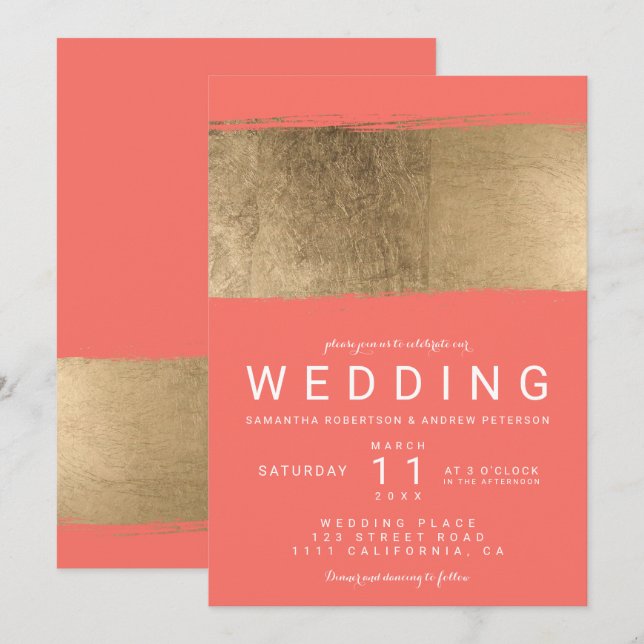 Invitación Boda de coral de trébol de oro falso moderno (Anverso / Reverso)