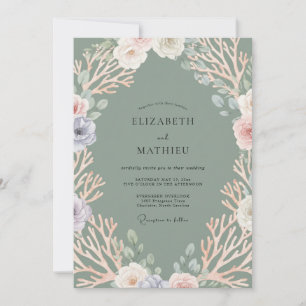 Invitación Boda de Coral de Vidrio Marino y Eucalipto