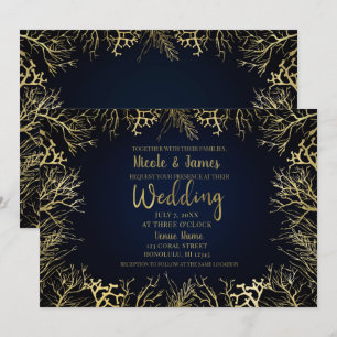 Invitación Boda de Coral Elegante con Dorado y Azul Marino Os