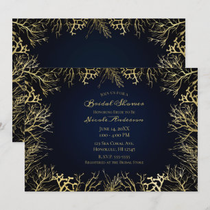Invitación Boda de Coral Elegante con Dorado y Azul Marino Os