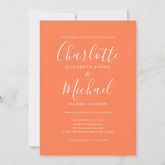 Invitación Boda de Coral Elegante Firma Script (Anverso)