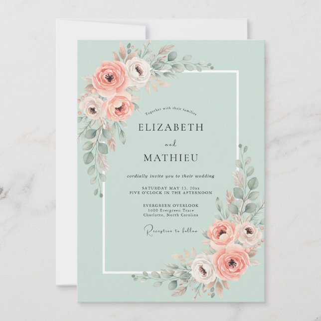 Invitación Boda de Coral Espuma de Mar Peonía (Anverso)